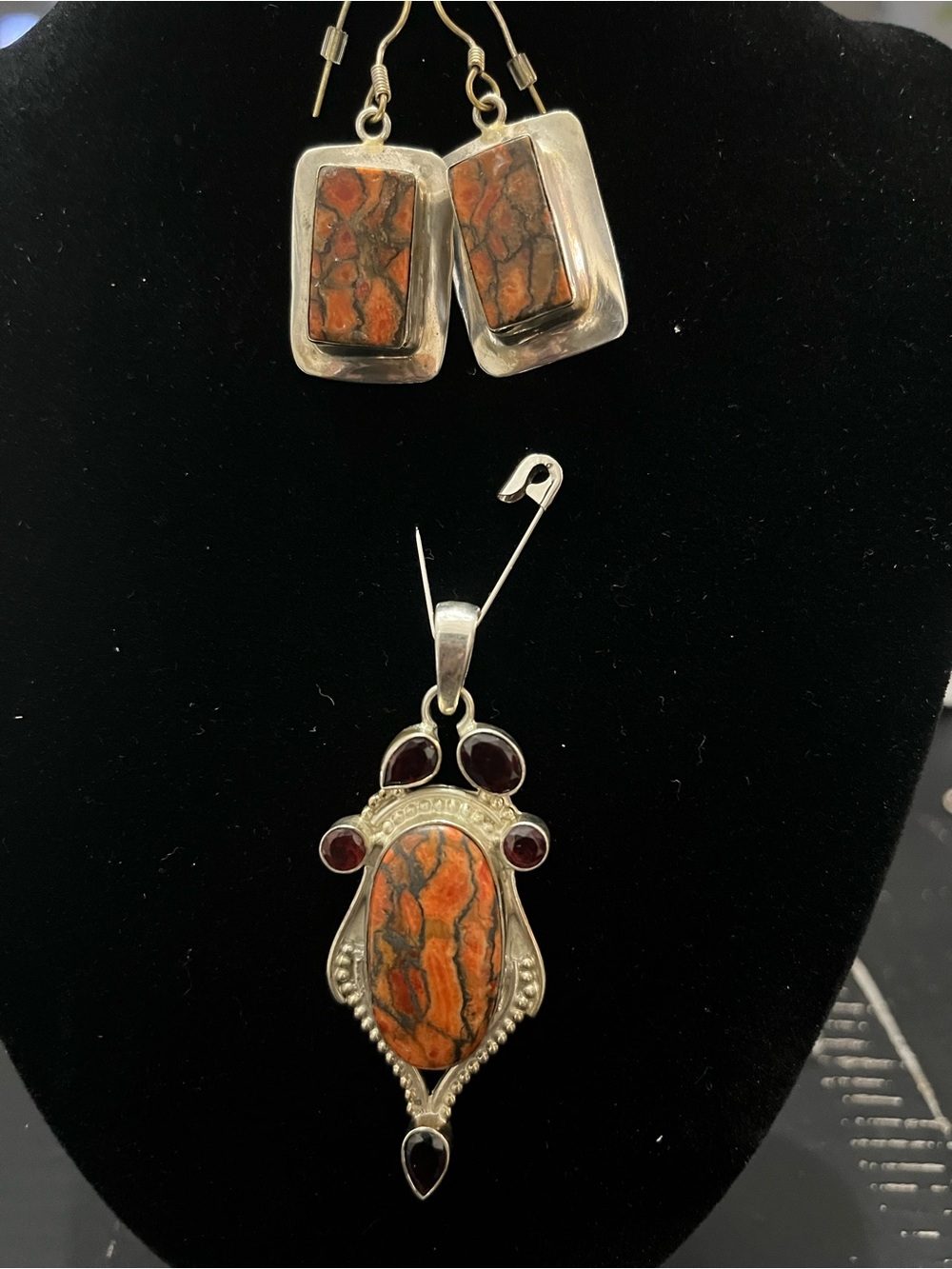 Silver Orange Jasper Pendant and Earrings Set